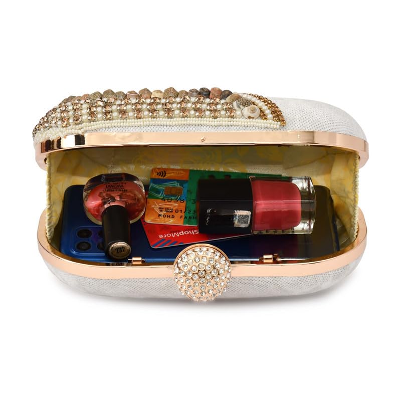 For The Beautiful You Elegant Beaded Clutch Purse for Women – Emroidered Bag with Gold Chain, Rhinestone Clasp and Stone Detailing (Cap Pebble White)