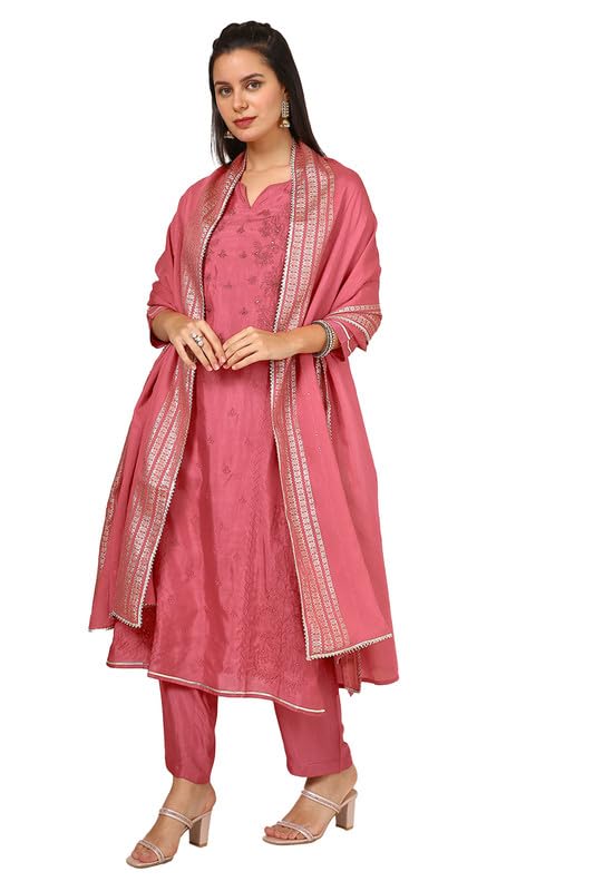 Soch Womens Pink Viscose Blend Embroidered Suit Set With Sequins