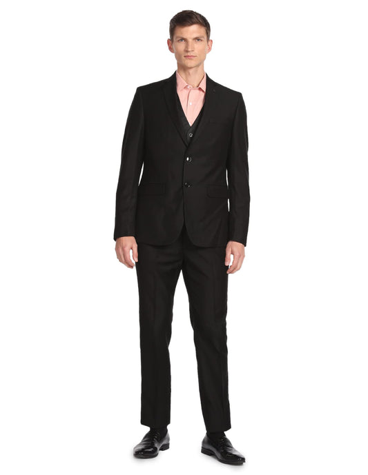 Arrow Men's Rayon Notch Lapel Collar Patterned Dobby Three Piece Suit (ARAFSU5515_Black