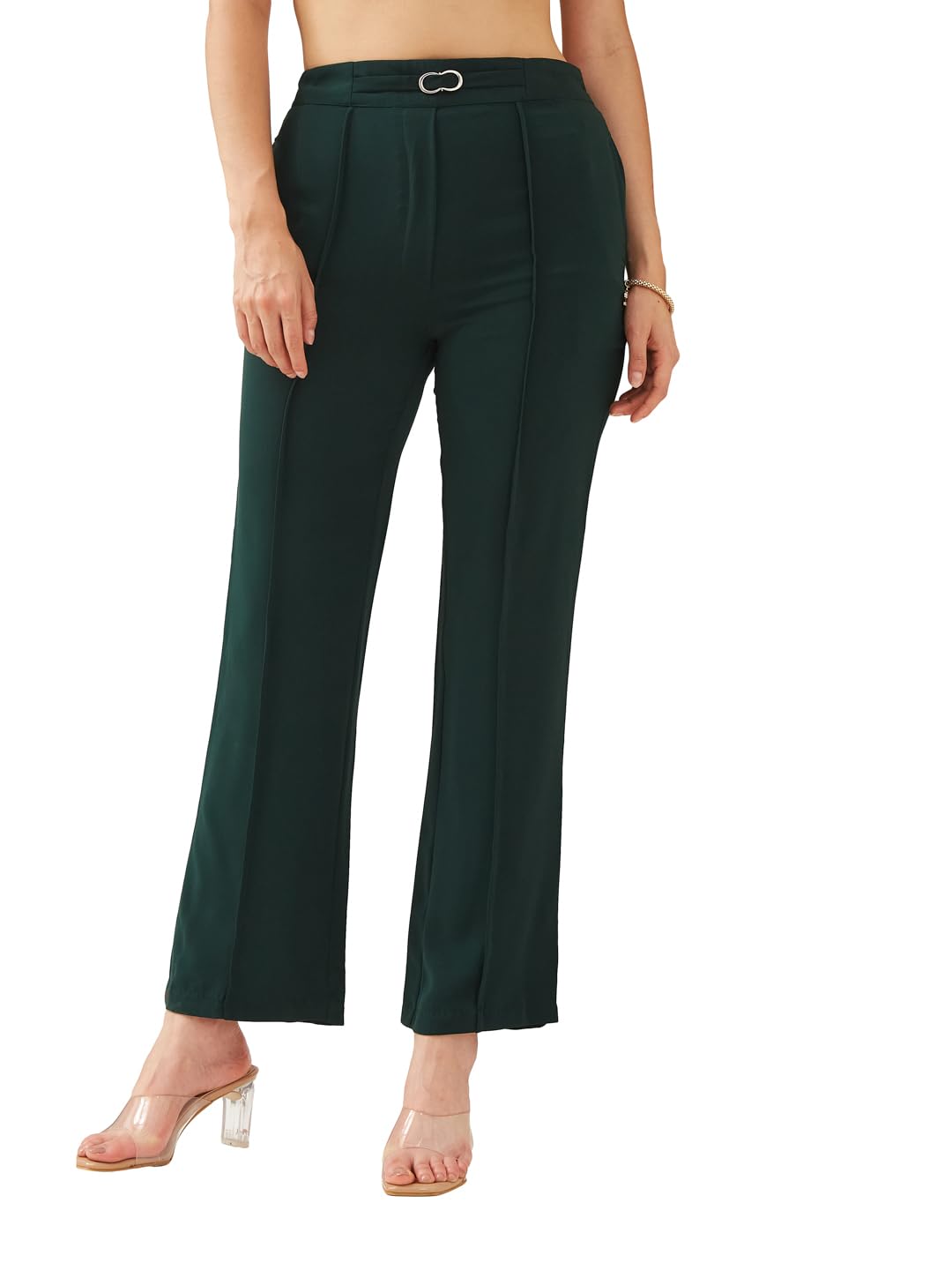 Latin Quarters Women Green Straight Fit Solid High Rise Casual Trouser_S