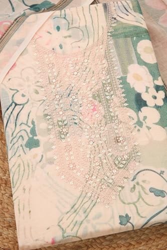 Soch Womens Cream Linen Blend Floral Print Unstitch Dress Material With Sequins