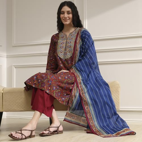 Biba Women Blue Rust Cotton A-Line Printed Kurta Set_32