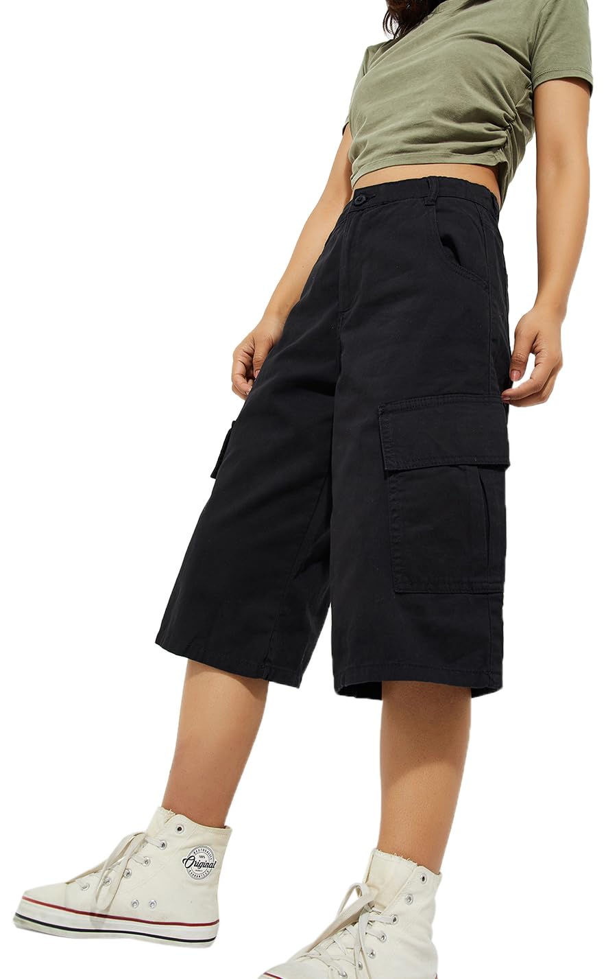 Max Alaya F x URB_N Women Solid Cargo Shorts (Black_32)