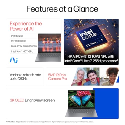 HP OmniBook 7 OLED, Intel Core Ultra 7 255H (32GB LPDDR5,1TB SSD), 3K, 0.2 ms, Micro-Edge, 14''/35.6cm, Win 11, M365, Office 24, Meteor Silver,1.5kg, fr0116TU, 5MP Camera w/Shutter, Backlit AI Laptop