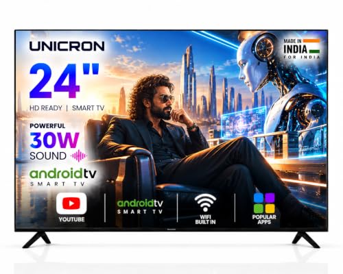 UNICRON 24 Inch Android Smart TV, HD LED Television with 30W Sound Speaker, WiFi Enabled & IPS A+ Display Panel, Gaming, Screen Mirroring & Mobile Connectivity