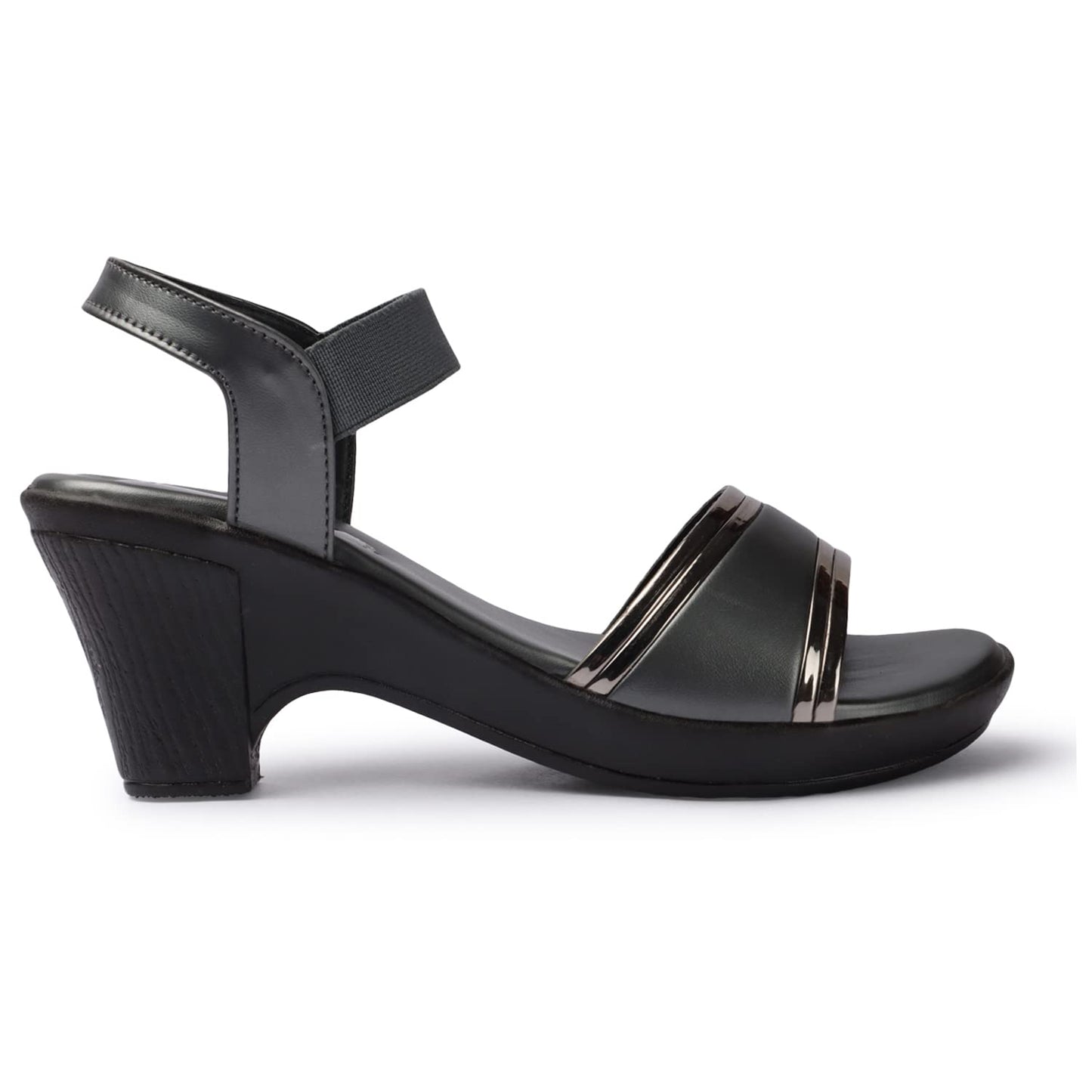 XE Looks Women's Grey Block Heel Sandals | Sleek Open-Toe Design with Elastic Strap | Comfortable and Trendy Heels For Girls & Women