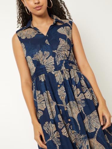 Max Women Printed A-line Midi Dress (Blue_XL)
