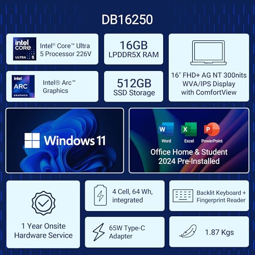 New Dell 16 Plus Laptop, AI Enabled Intel Core Ultra 5 226V, 16GB LPDDR5X, 512GB SSD, Intel Arc Graphics, 16" FHD+ AG NT 300nits WVA/IPS Display, Backlit Keyboard + FPR, Ice Blue, Thin & Light 1.87 Kg