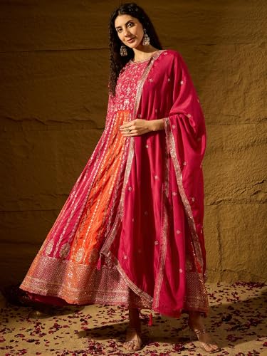 Shampysky Women's Pink Chinon Stitched Gown With Dupatta 3/4 Sleeve Embroidered Anarkali Gown (SSY-1231-Pink-L)