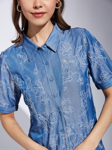 Latin Quarters Women Blue Collar Neck Half Sleeve Printed Shirt Dress_XL