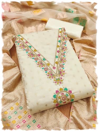 Leeli Peeri Designer Women's Chanderi Jacquard Embroidery Work Unstitched Salwar Suit Dress Material