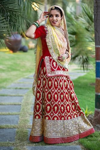 SHYAMLATA Latest Heavy sequins Work Semi Stitched Shimmer Silk Rajputi Poshak For Women Rajasthani Lehenga Choli (Red)