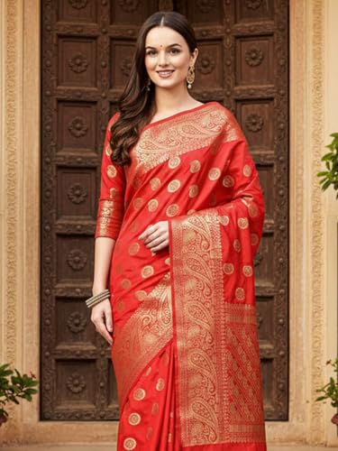 AKHILAM Women's Red Silk Blend Paisley Printed Saree With Unstitched Blouse Piece (2RAWS9032_AI)