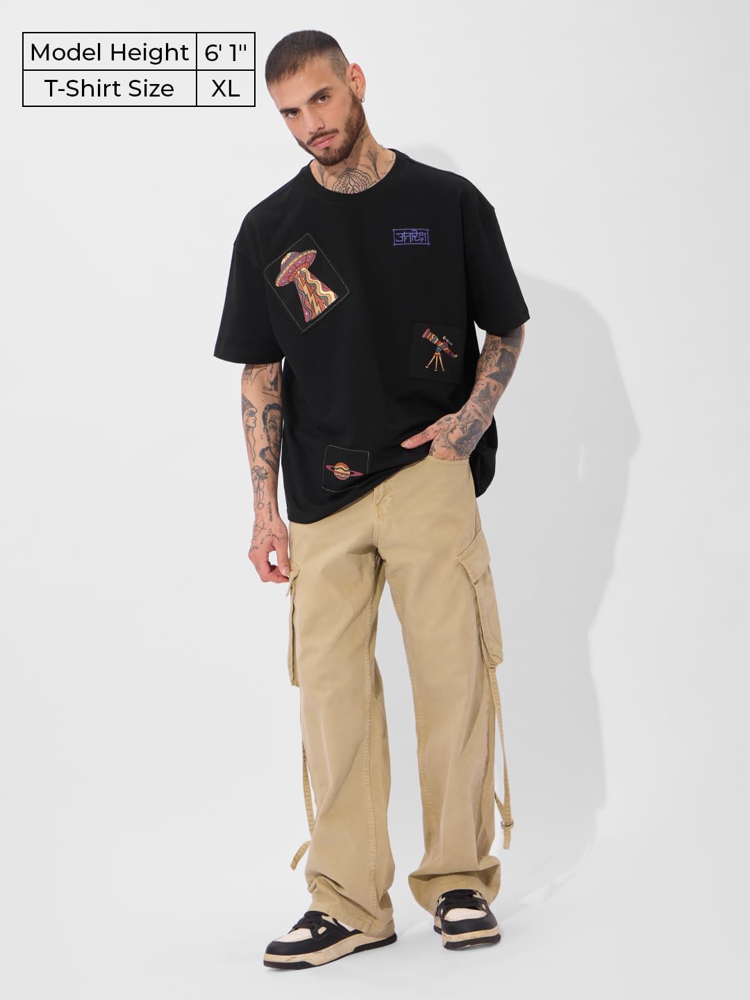 The Souled Store Antariksh Oversized T-Shirt for Men Boys Cotton Casual Half Sleeves Baggy Loose Fit Drop Shoulder Round Neck Black