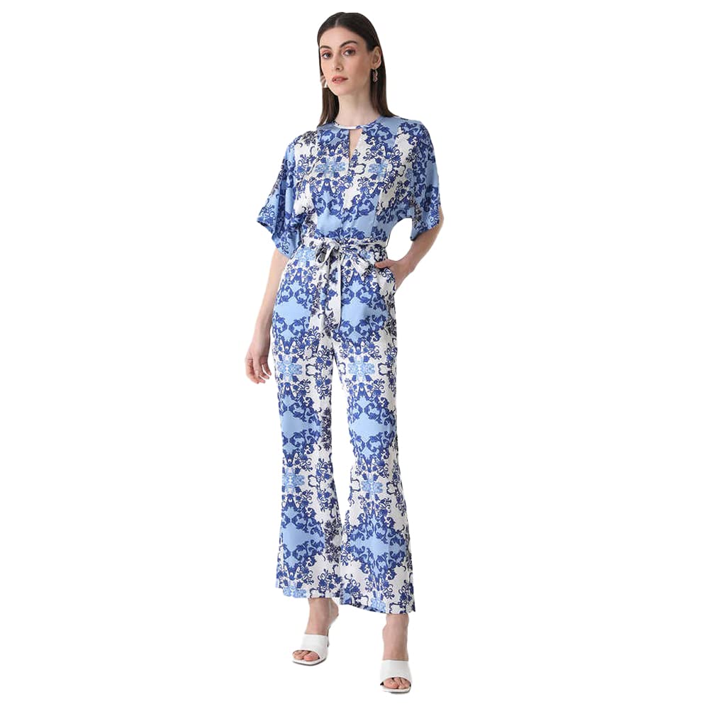 Kazo Solid Satin Regular Fit Womens Jumpsuit (BLUE MIX DARK, LARGE)