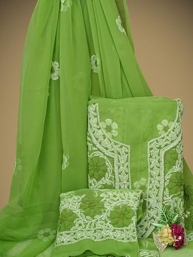 Ada Hand Embroidered Lucknowi Chikankari Unstitched Georgette Dress Material Suit Piece with Dupatta for Women 01A696681 Green
