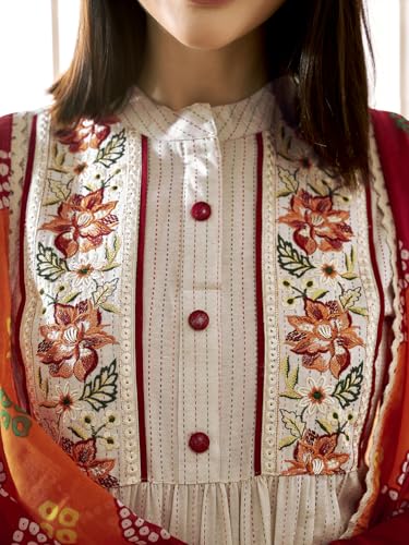 V4M Women's Cream Cotton Blend Floral Embroidered Anarkali Kurti & Plazzo Pant With Dupatta