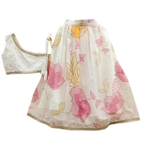 Girls Designer Lehenga Choli Set | Printed Organza Skirt with Lace Border | Georgette Embroidered One-Shoulder Blouse for Kids (2-3 Years)