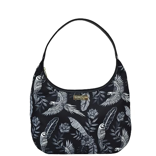 Anuschka Large Sling Hobo - Wanderlust Collection - Nylon Fabric with Genuine Leather Trim and Artwork Print - Jungle Macaws