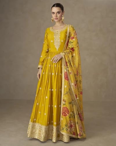 Miss Ethnik Women's Yellow Chinon Stitched Gown With Dupatta Full Sleeve Embroidered A-Line Gown (ME-1308-Yellow-3XL)