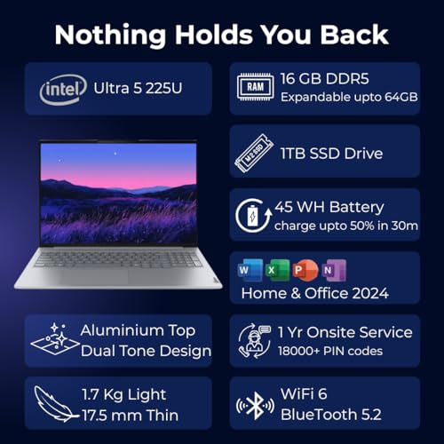 Lenovo ThinkBook 16, Intel Core Ultra 5 225U, 16GB RAM, 1TB SSD, WUXGA IPS 16”(40.64cm), Windows 11 Home, Arctic Grey, 1.7Kg, 21SKA0FTIG, Fingerprint, Backlit, 300 Nits, 1Y Warranty, AI Powered Laptop