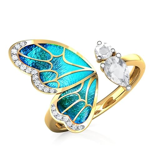RUVEE 18K Gold Plated Butterfly Ring for Women – Blue Enamel Wing Design with Cubic Zirconia & Crystal Accents – Adjustable Statement Ring – Elegant Nature-Inspired Fashion Jewelry Gift