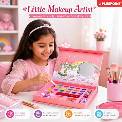 PLUSPOINT Unicorn Kids Makeup Kit for Girls | Pretend Play Beauty Set | Non-Toxic Washable Makeup Toy | Eyeshadow, Blush, Lip Gloss & Accessories | Birthday Gift for Girls Age 5+ Years