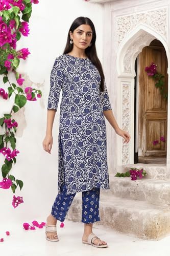 W for Woman Blue Floral Block Print Straight Kurta with Straight Pant and Dupatta Set (WS13531-127098-M)
