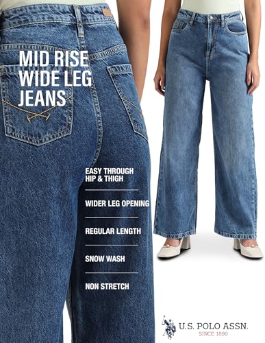 U.S. POLO ASSN. Women's Wide Leg Mid Rise Jeans (UWAW23JN048_Blue_34)