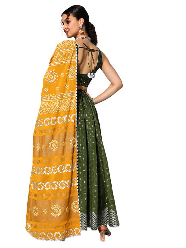 Ahalyaa Olive Green & Silver-Toned Printed Ready to Wear Lehenga & Blouse With Dupatta