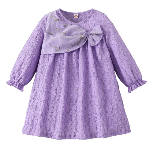 Hopscotch Girls Lavender Full Sleeves Bow Applique A-Line Dress for Age (7-8 Years)