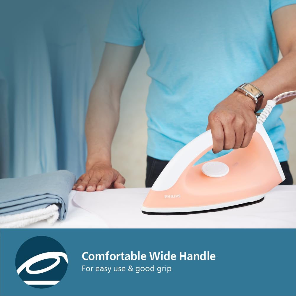 Philips GC097/50 750-Watt Dry Iron (World no. 1 Ironing Brand), Light & Easy to Use, Powerful 750 Watt Heat up with a comforable wide grip, Black Non Stick Soleplate (Peach)