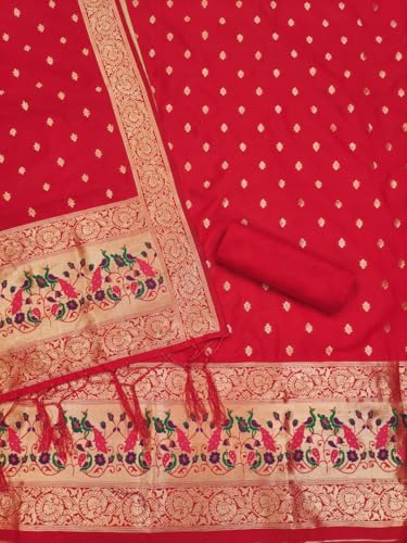 SHANTVAN GALLERY Suit Material for Women Unstitched Cotton Pure Dress Material for Women with Peacock Design, Elegant Salwar Suit Material for Women with Dupatta & Blouse Piece - Red