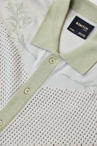 SNITCH Men's Luxe Shirt | Breathable Perforated Design with Intricate Embroidery | 100% Cotton Polo Collar Casual Wear | Lightweight & Stylish Summer Fashion | Light Green