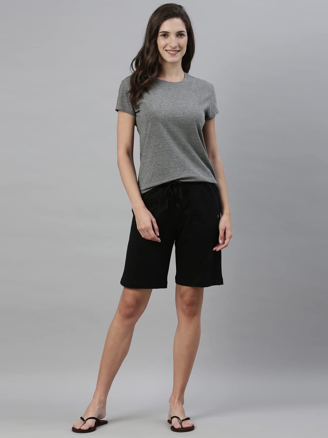 Enamor Essentials Womens Mid Rise Relaxed Fit 100% Cotton Knee Length Shorts Bermuda with Elasticated Waistband and Pockets - E080-(E080_Jet Black_XL)