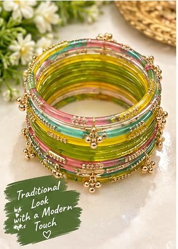 MEHNDI Colour Jelly Glass Bangles Set with Gold-Tone Floral Charms, Kashmiri bangles.