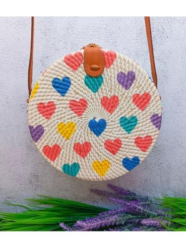 MAIRO LIFESTYLE Rattan Cane Straw Wicker Handmade Boho Summer Beach Round Sling Bag (Love Heart)