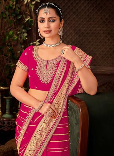 Laxmipati Firki Striped Printed & Zari Lace Border Georgette Saree in Dark Pink Color with Unstitched Blouse