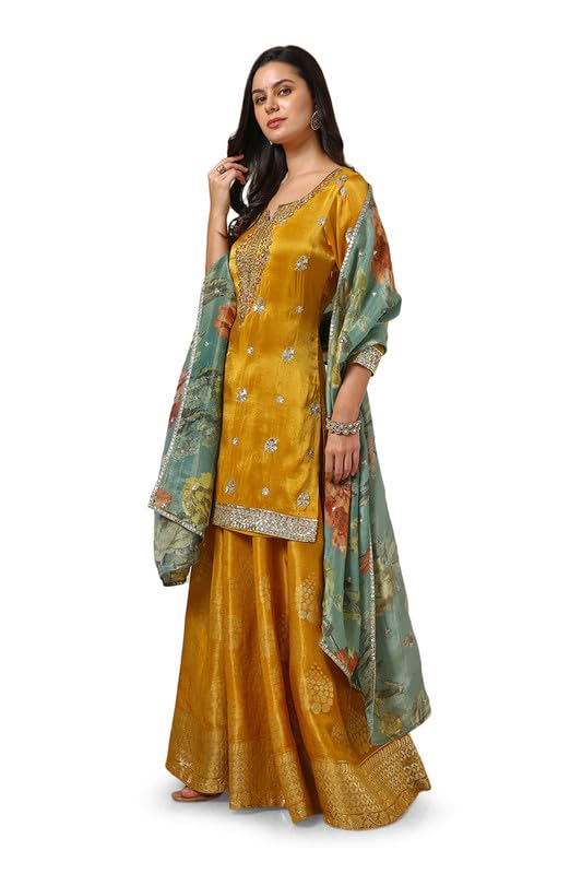 Soch Womens Mustard Tissue Suit Set With Sequins
