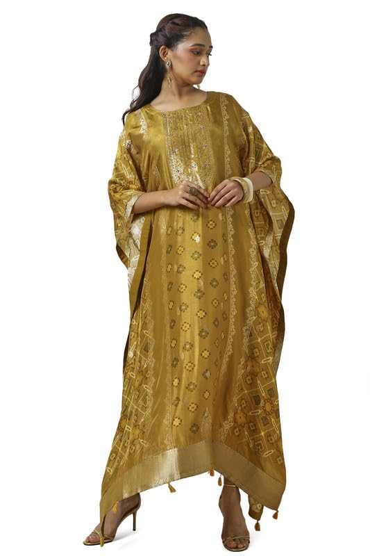 Soch Womens Mustard Brocade Zari Woven Kaftan with Beads