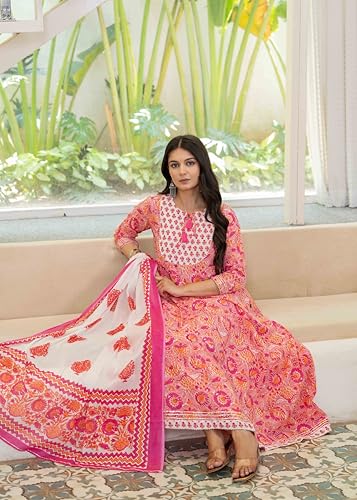 Pistaa's Women Cotton Anarkali Flair Suit Set (IN, Alpha, XS, Regular, Pink)