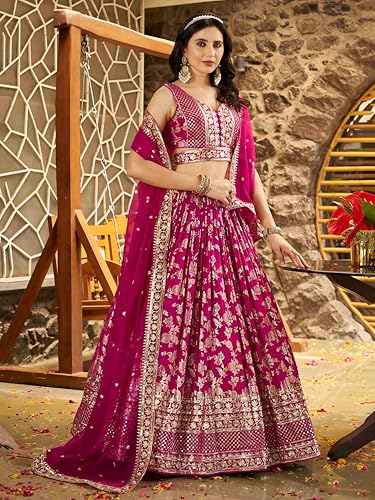 Zeel Clothing Women's Sequins Zari Embroidered Dola Silk Jacquard Lehenga Choli With Dupatta (7100-Women-Lehenga-Choli-Latest, Free size) (Rani Pink)