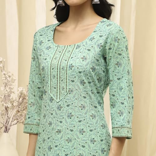 BIBA Women Green Cotton Screen Print Unstitched Suit Set_FREE SIZE