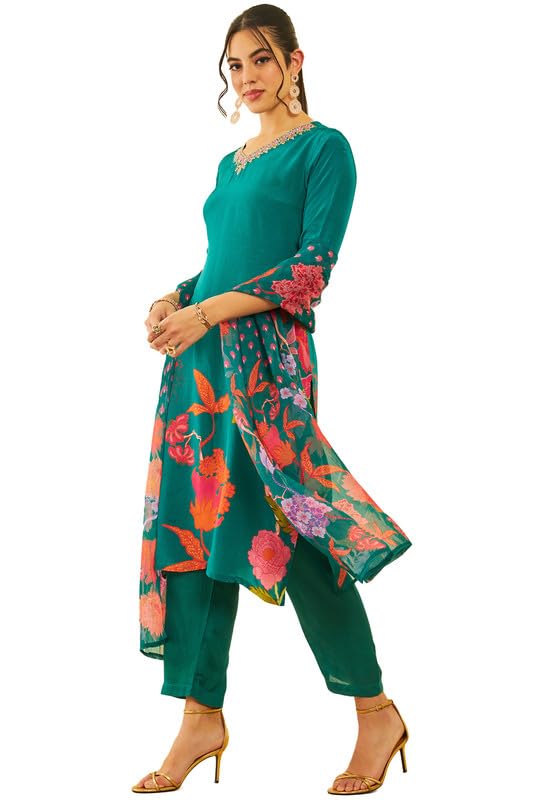 Soch Womens Teal Crepe Floral Placement Printed Suit Set With Gotta Patti