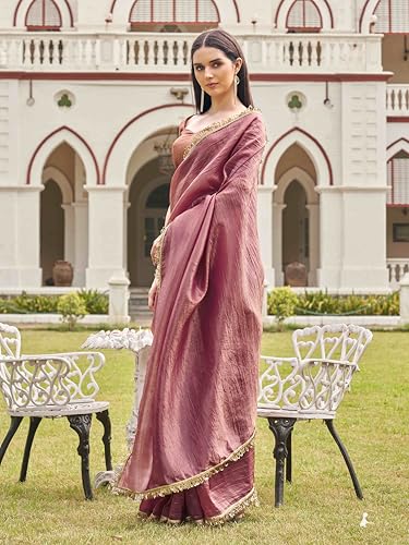 Womanista Women's Organza Solid Embellished Lace Saree With Un-Stitched Blouse, Pink