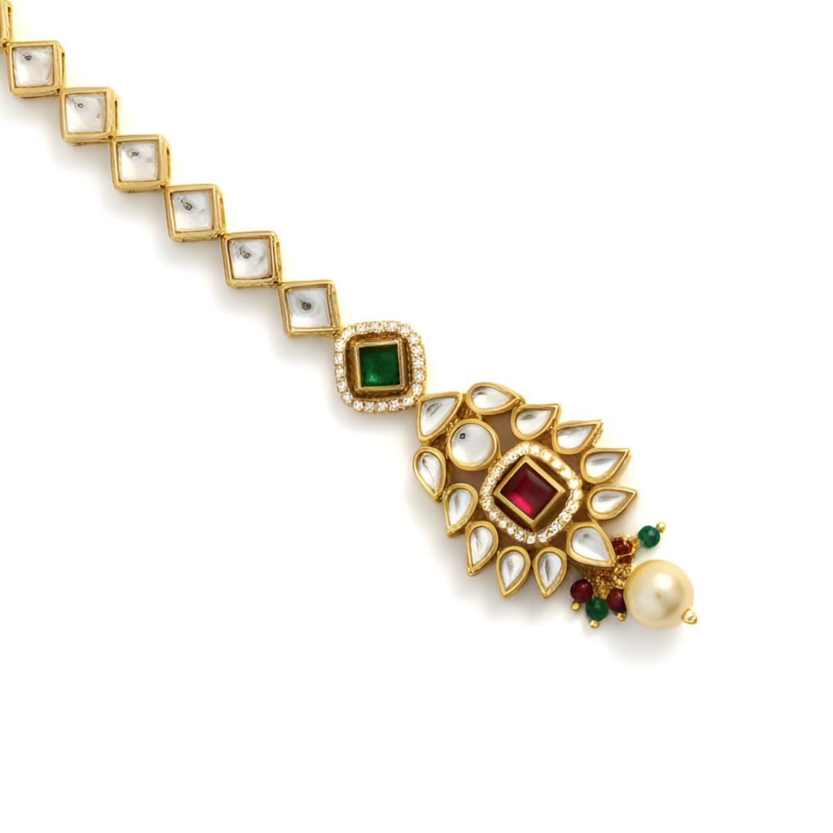 Iksava Elegant Traditional Polki Kundan Maangtika for Women & Girls | White Stone Bridal Forehead Tikka with Pearl Drop | Ethnic Hair Accessory for Wedding & Festive (Multi)