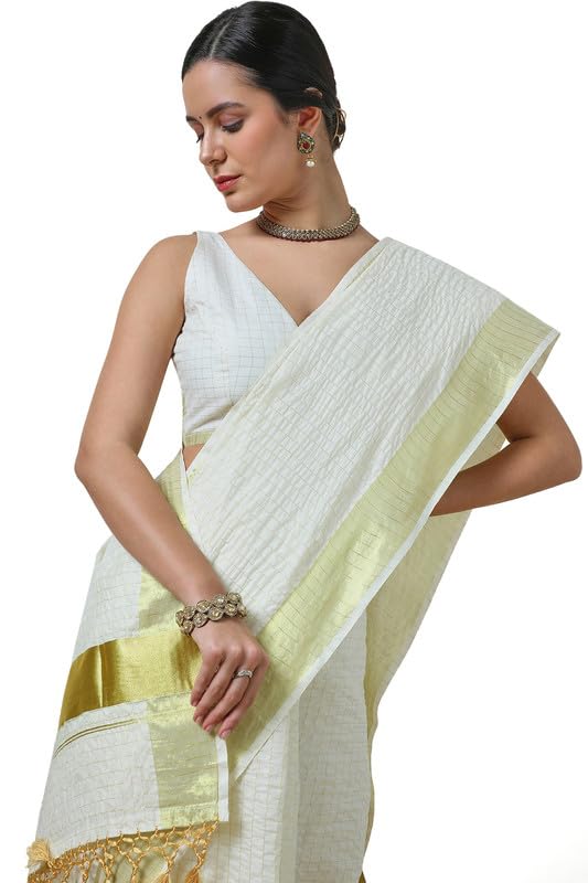 Soch Womens Cream Cotton Blend Woven Design Kasavu Saree With Tassels