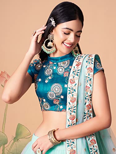 Zeel Clothing Women's Net Embroidered Semi-Stitched Bridal New Lehenga Choli with Dupatta (7320-SkyBlue-Wedding-Bridal-Latest; Free Size) (Sky Blue)