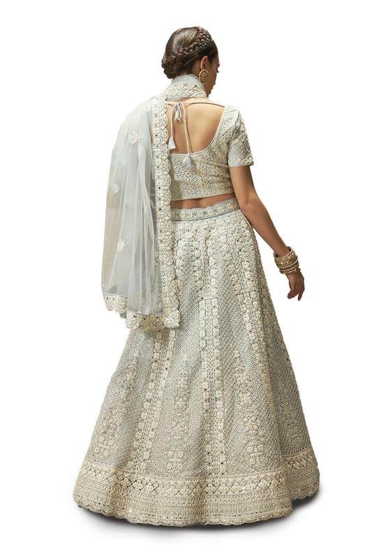 Soch Womens Powder Blue Net All-Over Embroidered Unstitched Lehenga Set with Stonework