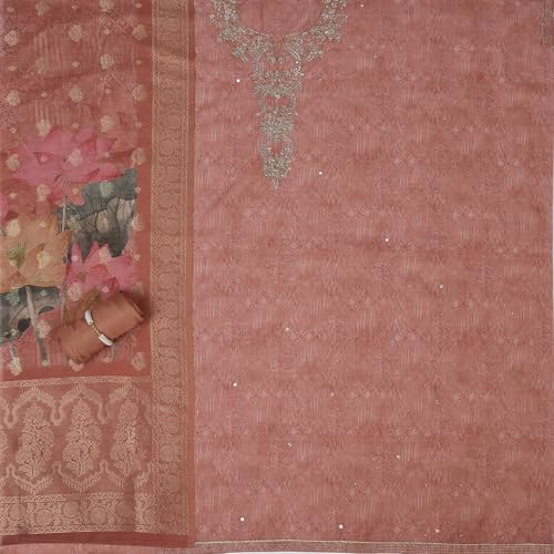 BIBA Women Coral Chanderi Printed Embroidered Unstitched Suit Set_FREE SIZE